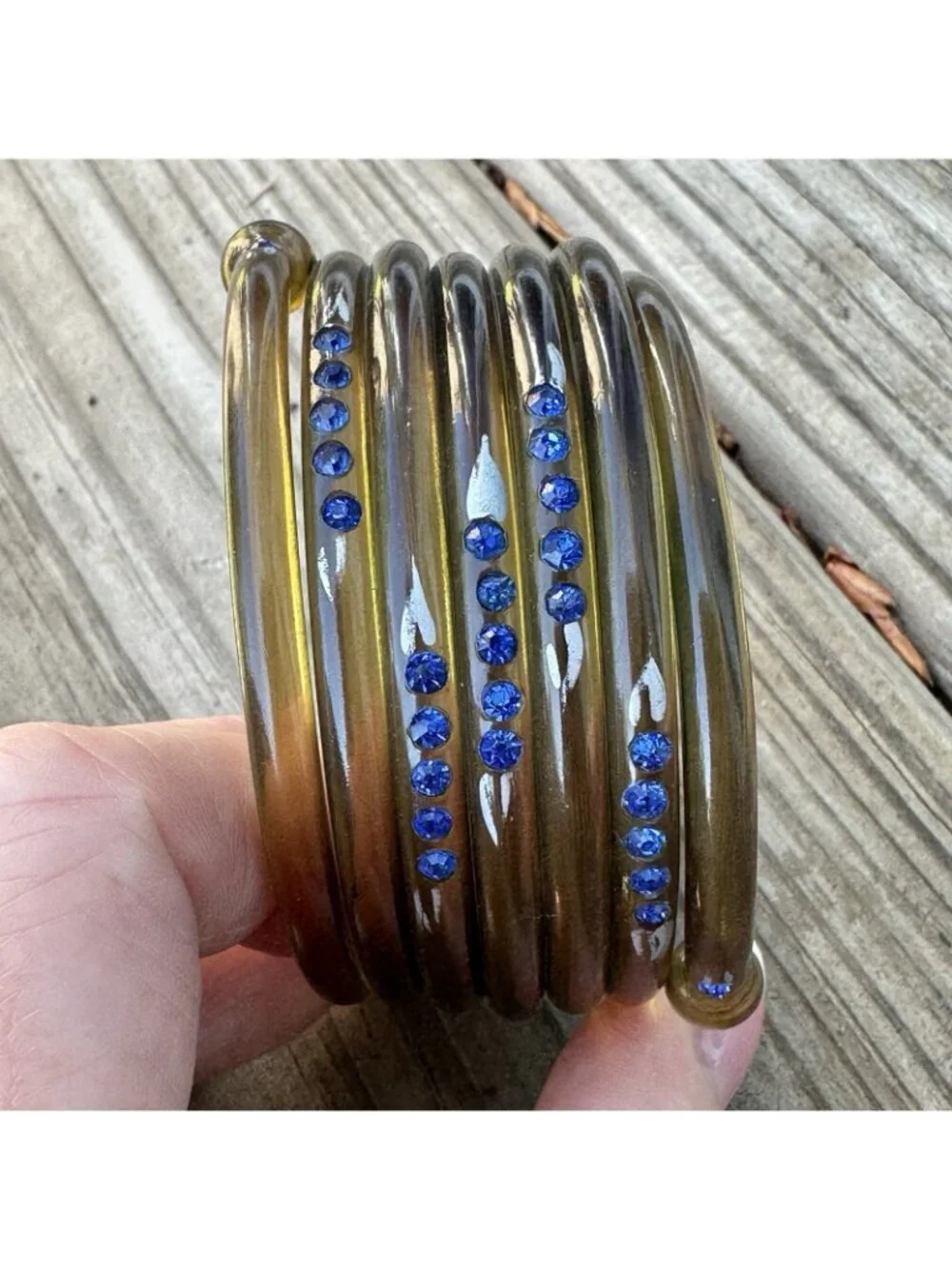 RARE Art Deco Clear Green Celluloid Rhinestone Coil Wrap Bangle Bracelet Snake